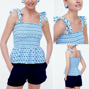 J. Crew Smocked Tie Shoulder Tank Top Color Floral Print Wide Straps Blue/White